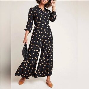 Anthropologie Loveland Wide Leg Jumpsuit Black/Tan Polka Dots Sz 8